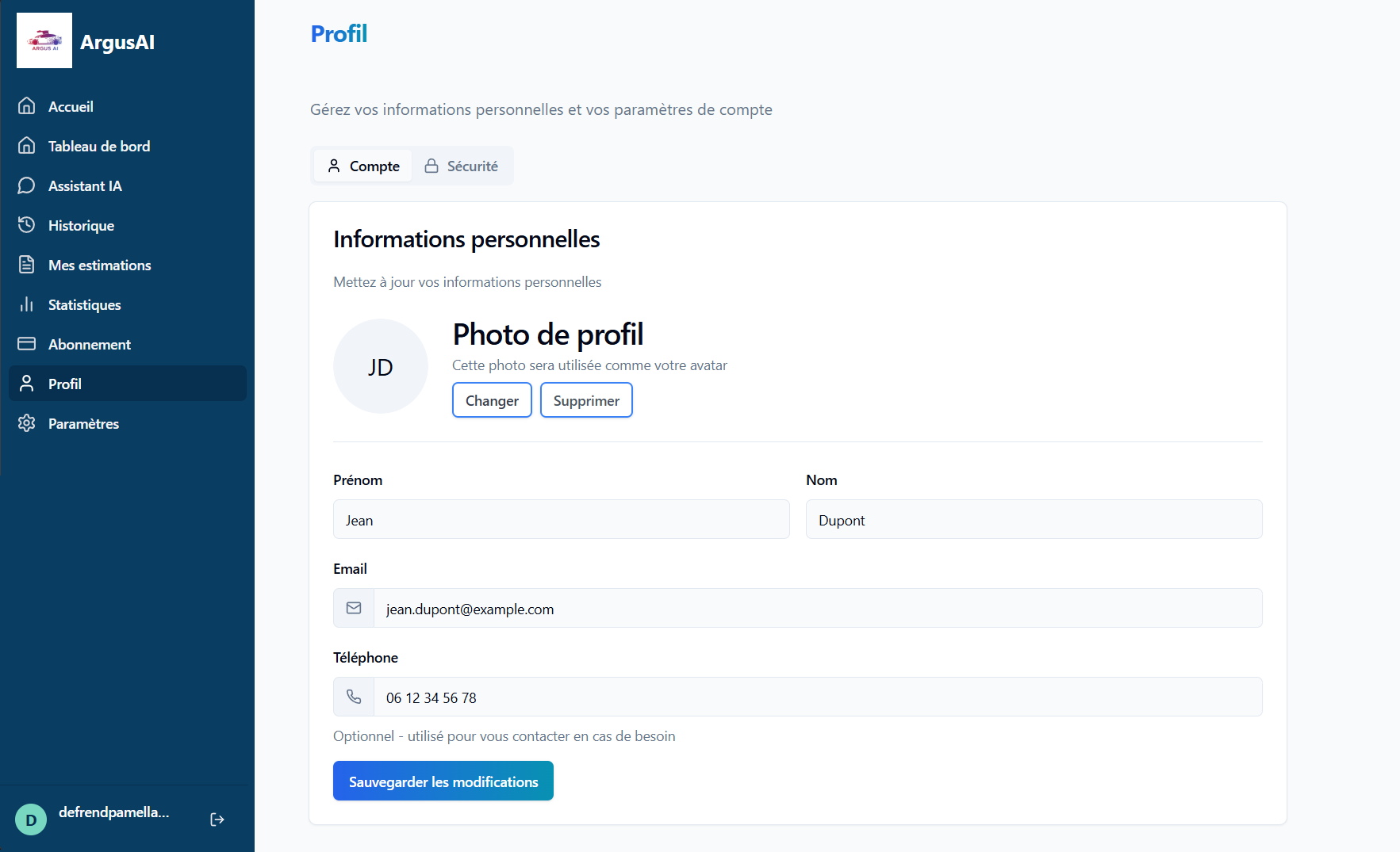 Capture d'écran Compte